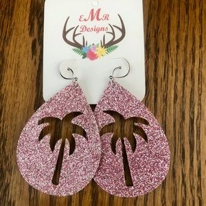 Pink Glitter Palm Tree Large Earrings